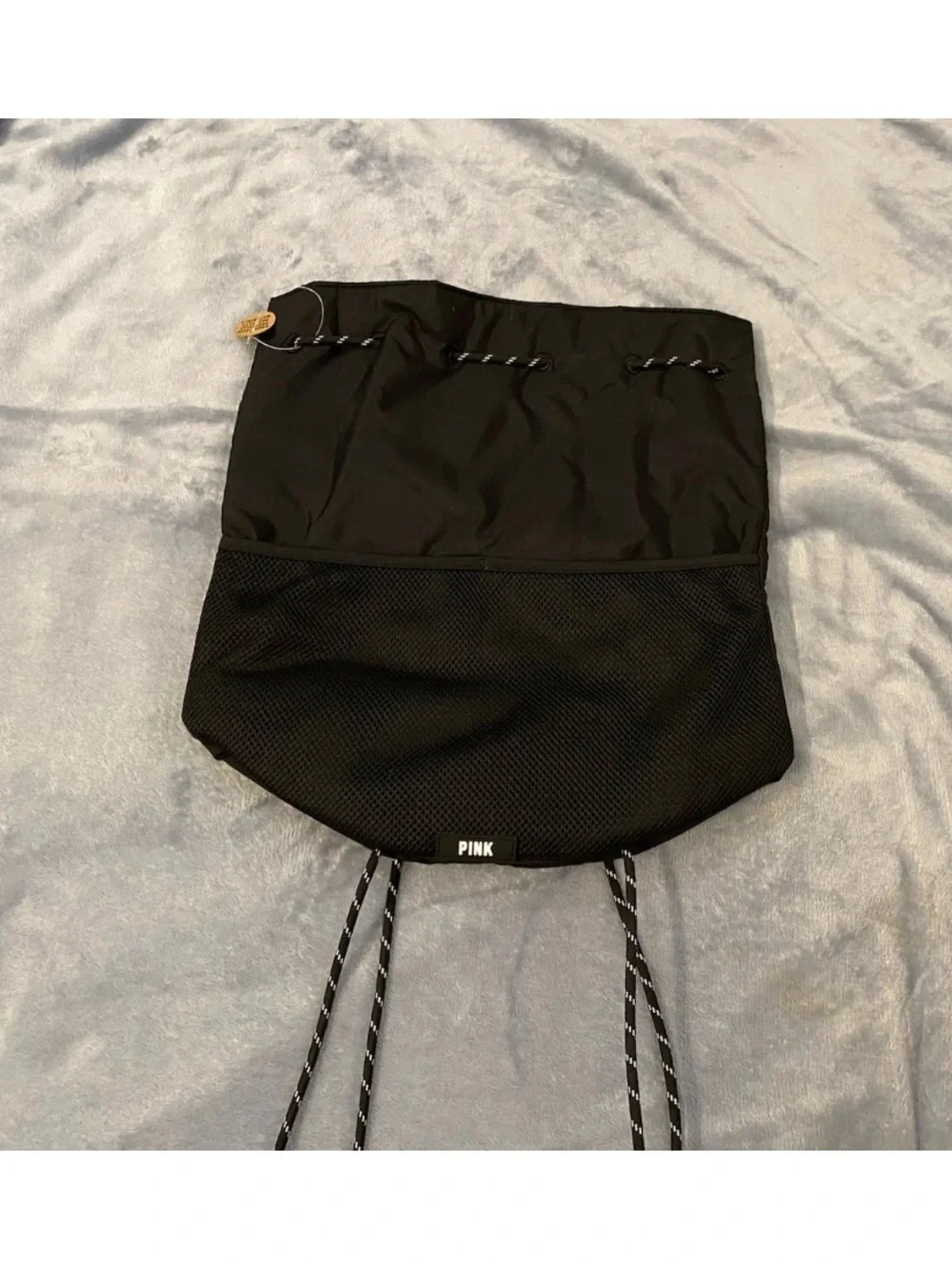 Victorias Secret PINK Solid Black Drawstring Logo Backpack Purse NWOT